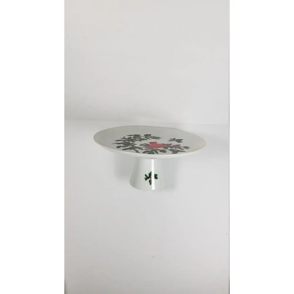 Vintage Lefton Red Cardinal Christmas Cake Plate, Footed Pedestal, 1252